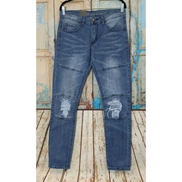 XS Premium Denim Mens Size 32 Blue Medium Wash Distressed Skinny Fit Jeans - Picture 1 of 11